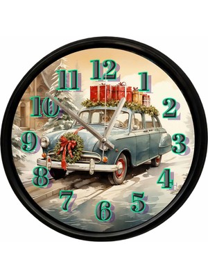 Caseras Yılbaşı Hediyeleri Yüklü Nostaljik Otomobil Tasarımlı Dekoratif Duvar Saati 28 cm Sessiz Mekanizma