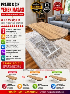 Yan Baştan Açılır Oval Akıllı Yemek Masası Mdf Tabla Alt Mekanizma Metal Beyaz Renk