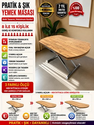 Yan Baştan Açılır Oval Akıllı Yemek Masası Mdf Tabla Alt Mekanizma Metal Krom Kaplama