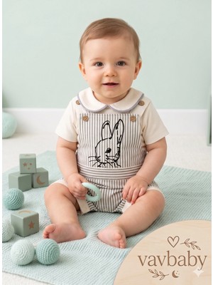 Vavbaby Erkek Çocuk Çizgili Tavşan Figürlü Bebe Yaka Erkek Bebek Salopet Tulum