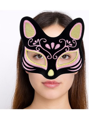 ÖNÇ - PRİME Siyah Renk Süet Kaplama Üzeri Sarı Pembe Simli Kedi Maskesi 17X14 cm