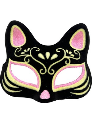 ÖNÇ - PRİME Siyah Renk Süet Kaplama Üzeri Pembe Sarı Simli Kedi Maskesi 17X14 cm