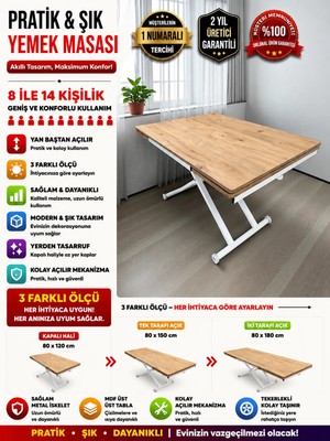 Yan Baştan Açılır Akıllı Yemek Masası Mdf Tabla Alt Mekanizma Metal Beyaz Renk