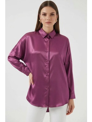 Klins Kids Kadın Oversize Kesim Saten Koyu Lila Gömlek