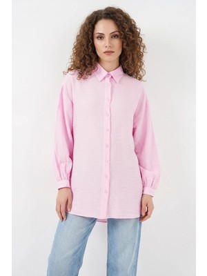 Klins Kids Kadın Gömlek Yaka Dokulu Oversize Viskon Pembe Tunik