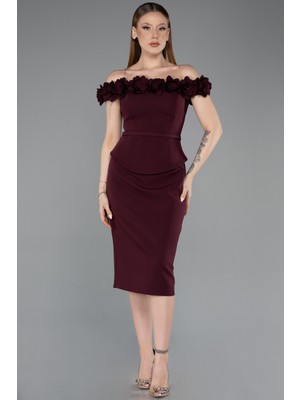Abiyefon Çiçekli Kayık Yaka Peplum Midi Kalem Abiye Elbise ABK2583