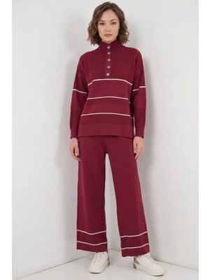Klins Kids Kadın Yüksek Yaka Oversize Çizgili Triko Bordo Ikili Takım