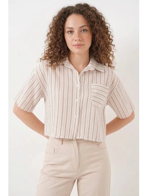 Klins Kids Kadın Crop Çizgili Pamuklu Bej Gömlek