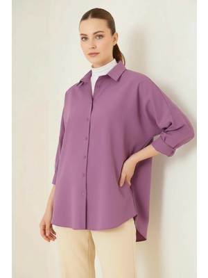 Klins Kids Kadın Oversize Basic Pamuklu Koyu Lila Tesettür Gömlek