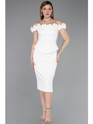 Abiyefon Çiçekli Kayık Yaka Peplum Midi Kalem Abiye Elbise ABK2583