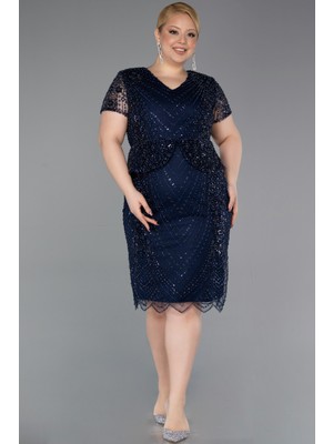 Abiyefon Kısa Kol Boncuklu Peplum Büyük Beden Abiye Elbise ABK2584