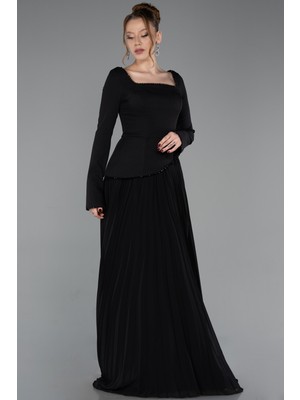 Abiyefon Uzun Kol Kare Yaka Peplum Şifon Abiye Elbise ABU6088