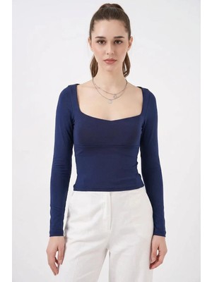 Klins Kids Kadın Kare Yaka Vücuda Oturan Kalıp Lacivert Bluz