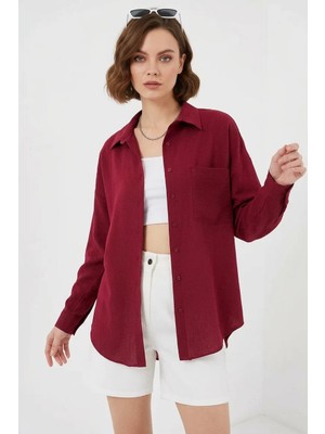 Klins Kids Kadın Tek Cepli Oversize Viskon Bordo Gömlek
