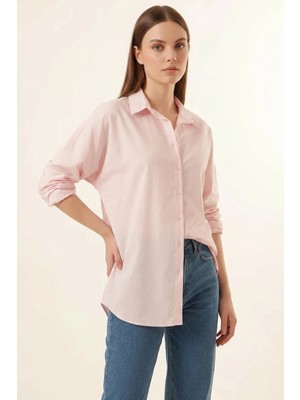 Klins Kids Kadın Oversize Basic Pamuklu Pudra Gömlek