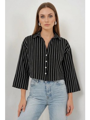 Klins Kids Kadın Oversize Çizgili Viskon Siyah Gömlek