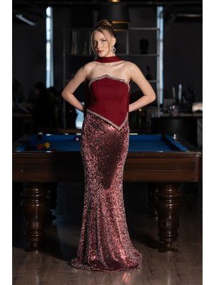 Abiyefon Asimetrik Straplez Peplum Uzun Pullu Balık Abiye ABU5703