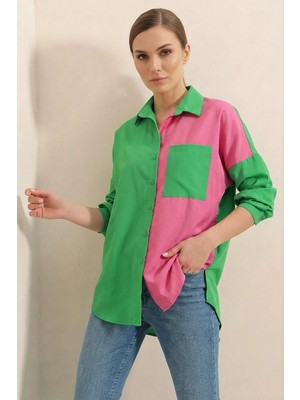 Klins Kids Kadın Blok Renkli Oversize Pamuklu Yeşil Gömlek