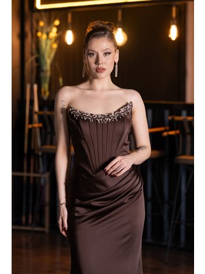 Abiyefon Straplez Balen Korse Detay Uzun Saten Abiye ABU6109