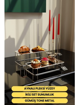 Empressco Prizma Model Gümüş Aynalı Sunum Tepsisi, Ikili Set, 30X15CM, Dekoratif