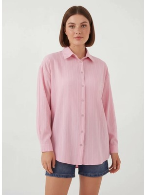 Klins Kids Kadın Oversize Çizgili Viskon Pembe Gömlek