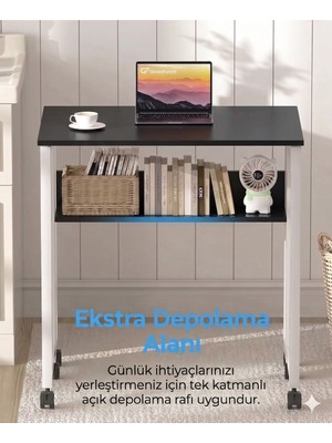 Unideco Home Tekerlekli Çalışma Masası Raflı Laptop Masası Bilgisayar Masası Kitaplıklı Katlanır Öğrenci Ders Portatif Küçük Masa Sidney Beyaz Siyah