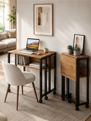 Unideco Home Tekerlekli Çalışma Masası Raflı Laptop Masası Bilgisayar Masası Kitaplıklı Katlanır Öğrenci Ders Portatif Küçük Masa Sidney Siyah Çam