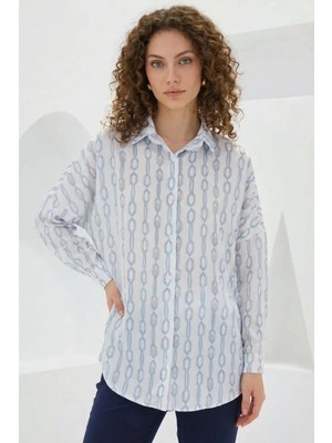 Klins Kids Kadın Oversize Desenli Saten Turkuaz Gömlek