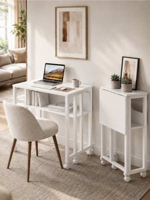 Sidney Kitaplık Raflı Katlanır Masa 70 cm Tekerli Bilgisayar Masası Laptop Masası