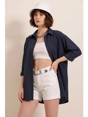 Klins Kids Kadın Oversize Basic Pamuklu Lacivert Gömlek