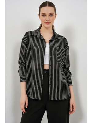 Klins Kids Kadın Oversize Tek Cepli Çizgili Viskon Siyah Gömlek
