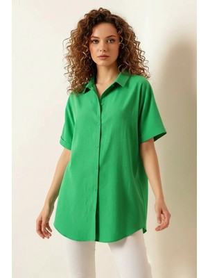Klins Kids Kadın Kısa Kol Oversize Pamuklu Yeşil Gömlek