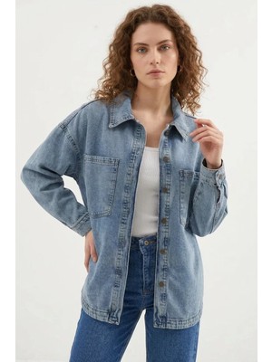 Klins Kids Kadın Gömlek Yaka Çift Cepli Oversize Pamuklu Buz Mavisi Ceket