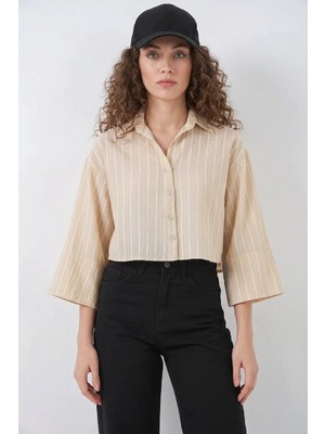Klins Kids Kadın Oversize Çizgili Viskon Bej Gömlek