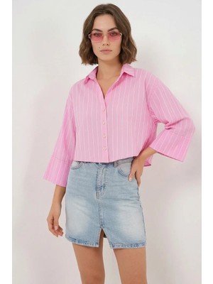 Klins Kids Kadın Oversize Çizgili Viskon Pembe Gömlek
