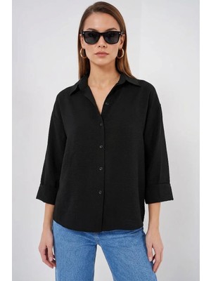 Klins Kids Kadın Kısa Kol Oversize Viskon Siyah Gömlek