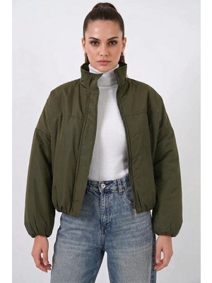 Klins Kids Kadın Yüksek Yaka Bomber Şişme Oversize Haki Mont