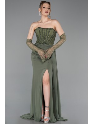 Abiyefon Boncuklu Straplez Uzun Şifon Büyük Beden Abiye ABU6072