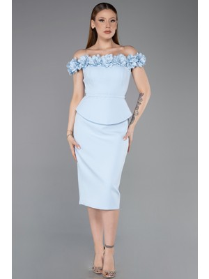 Abiyefon Çiçekli Kayık Yaka Peplum Midi Kalem Abiye Elbise ABK2583
