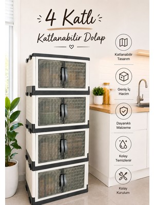 Nyl Home 4 Katlı Katlanabilir Modüler Dolap – Ofis Kiler Banyo Mutfak Düzenleyici Istiflenebilir Çok Amaçlı Dolap 45 L