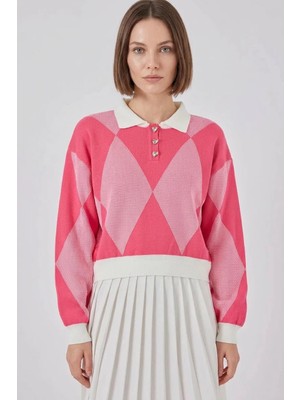 Klins Kids Kadın Gömlek Yaka Crop Baklava Desenli Triko Pembe Kazak
