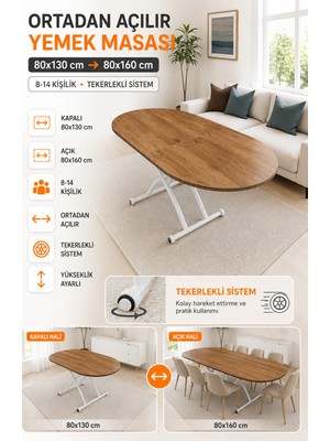 Ortadan Açılır Oval Akıllı Masa Mdf Tabla Beyaz Ayaklı