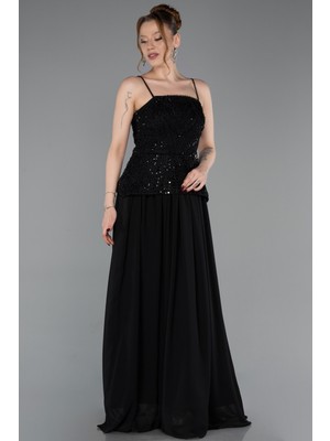 Abiyefon Üstü Boncuklu Peplum Uzun Şifon Abiye Elbise ABU6076