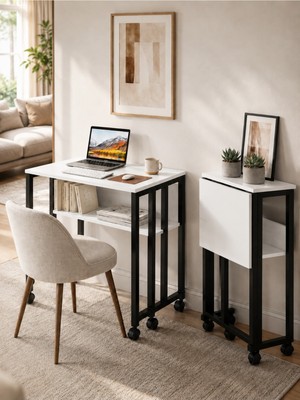 Unideco Home Tekerlekli Çalışma Masası Raflı Laptop Masası Bilgisayar Masası Kitaplıklı Katlanır Öğrenci Ders Portatif Küçük Masa Sidney Siyah Beyaz