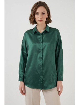 Klins Kids Kadın Oversize Kesim Saten Zümrüt Yeşili Gömlek