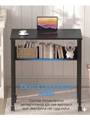 Unideco Home Tekerlekli Çalışma Masası Raflı Laptop Masası Bilgisayar Masası Kitaplıklı Katlanır Öğrenci Ders Portatif Küçük Masa Sidney Siyah Siyah