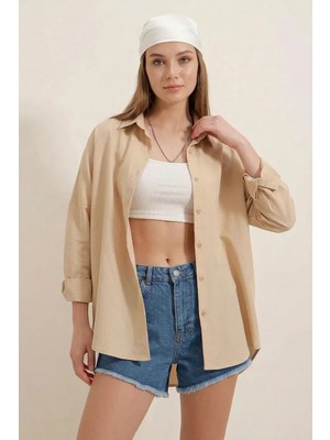 Klins Kids Kadın Oversize Kesim Basic Pamuklu Bej Gömlek
