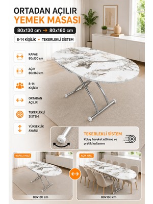 Ortadan Açılır Oval Akıllı Masa Mdf Tabla Krom Kaplama Ayaklı