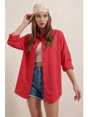 Klins Kids Kadın Oversize Basic Pamuklu Kırmızı Gömlek