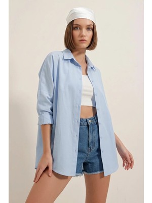 Klins Kids Kadın Oversize Kesim Basic Pamuklu Mavi Gömlek